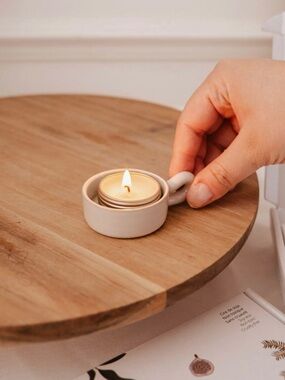 Minimal Ceramic Tealight Holder with Handle - Beige